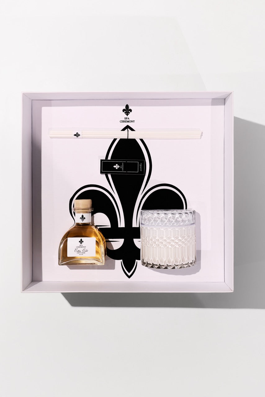 “Cotton Éclat” perfumed set: 250g candle and 150ml aroma diffuser